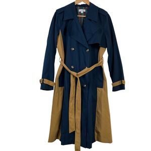 La‎ Ligne Trench Coat Womens Large Navy Tan Belted Mid-Length